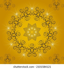 A symmetrical pattern of abstract shapes creates an ornament around a colorful flower. Ornament on brown, gradient background