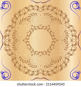 A symmetrical pattern of abstract shapes creates an ornament in the form of a colorful flower. Ornament on a brown, gradient background.