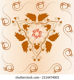 A symmetrical pattern of abstract shapes creates an ornament in the form of a colorful flower. Ornament on a brown, gradient background.