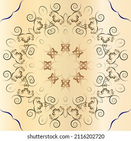 A symmetrical pattern of abstract shapes creates an ornament in the form of a colorful flower. Ornament on a brown, gradient background.