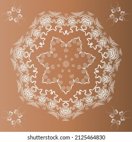 A symmetrical pattern of abstract shapes creates an ornament in the form of a colorful flower. Ornament on a brown, gradient background.