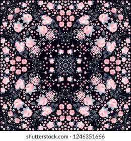 Symmetrical   pattern with beautiful pink flowers on black background. 