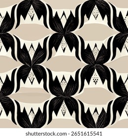 Symmetrical pattern of black geometric shapes and diamonds on a beige background. grunge lines ikat pattern, ikat seamless pattern, Vector illustration background for print the paper.