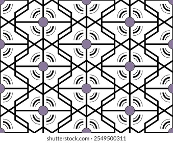 Symmetrical pattern, black lines, purple circles, geometric shapes, modern design, abstract art, decorative motif, repetitive elements, visual appeal, contemporary style. Vector illustration for