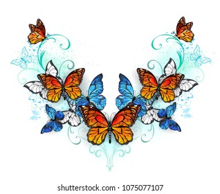 Symmetrical pattern of blue morpho and orange monarch butterflies on white background.