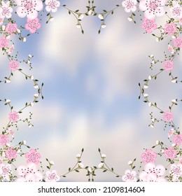 Symmetrical pattern of branches of Japanese cherry blossoms on blue sky abstract background in a random arrangement square format. Pink Sakura floral texture, suitable for textile, EPS 10 vector