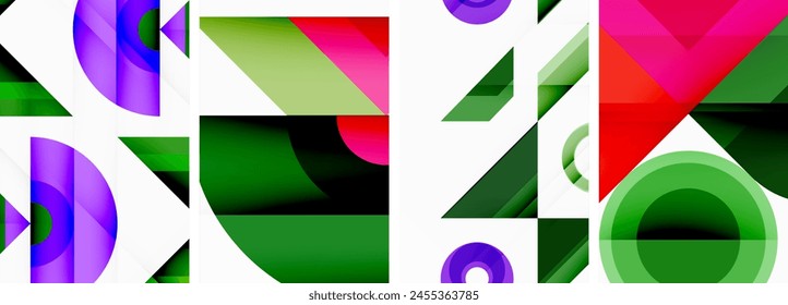A symmetrical pattern of colorful geometric shapes including green rectangles, magenta triangles, and vibrant tints and shades on a white canvas, creating a vibrant and artistic collage