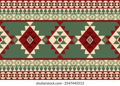 Symmetrical pattern combines geometric shapes in rich hues of red, green, and cream. Featuring Christmas trees, stars, this design ideal for seasonal decor, gift wraps, textiles, or digital projects.