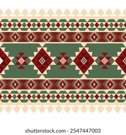 El patrón simétrico combina Formas geométricas en ricos tonos de rojo, verde y crema. Con árboles de Navidad, diamantes, este diseño es ideal para la decoración de temporada, envolturas de regalo, textiles, proyectos digitales.