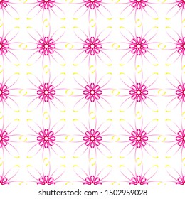 Symmetrical pattern of curves of fine lines with floral elements on white background. Floral geometric abstract color background. Seamless graphic texture, vector illustration