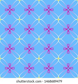 Symmetrical pattern of curves of fine yellow lilac gradient lines with floral elements. Floral geometric abstract color pattern on blue background. Seamless graphic texture, illustration,vector