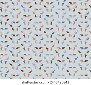 A symmetrical pattern of electric blue and magenta leaves on a white background, resembling a creative arts piece. The design features circles and intricate details inspired by metal and wool art