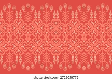 Symmetrical pattern features traditional woven motifs inspired by Southeast Asian tribal textiles, showcasing geometric shapes and stylized nature elements in a pixel-art style.