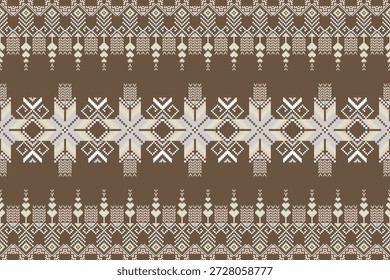 Padrão simétrico apresenta motivos tradicionais tecidos inspirados por têxteis tribais do Sudeste Asiático, mostrando formas geométricas e elementos da natureza estilizados em um estilo pixel-art.