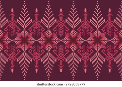 Symmetrical pattern features traditional woven motifs inspired by Southeast Asian tribal textiles, showcasing geometric shapes and stylized nature elements in a pixel-art style.