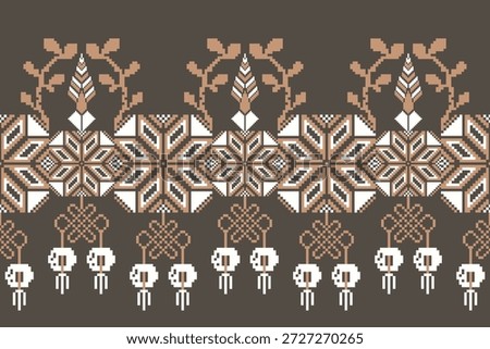 Symmetrical pattern features traditional woven motifs inspired by Southeast Asian tribal textiles, showcasing geometric shapes and stylized nature elements in a pixel-art style.