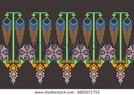Symmetrical pattern features traditional woven motifs inspired by Southeast Asian tribal textiles, showcasing geometric shapes and stylized nature elements in a pixel-art style.
