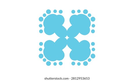 A symmetrical pattern formed by four pairs of light blue baby footprints and toe prints against a clean white background. Represents new beginnings and childhood.