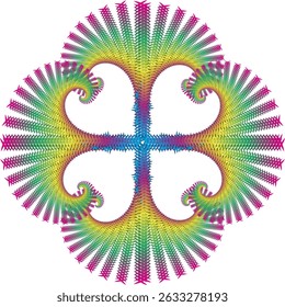 Symmetrical pattern with four arches that turn inward, forming a flower or windmill shape. Each arch is decorated with jagged lines in various colors
