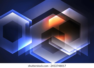 Symmetrical pattern of glowing hexagons in electric blue on a dark purple rectangle, creating a striking facade on a building. The graphics and font design add to the captivating effect