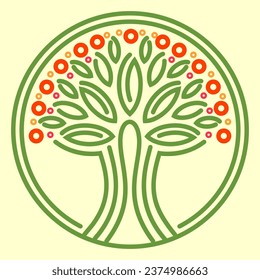 Symmetrisches Muster mit grünem Baum und Früchten im grünen Kreis. Vektorvorlage für Design. Farbillustration.