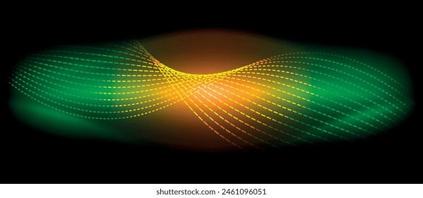 A symmetrical pattern of green and yellow waves create a striking contrast against a black background. The electric blue accents add a pop of color, creating a dynamic and visually captivating design