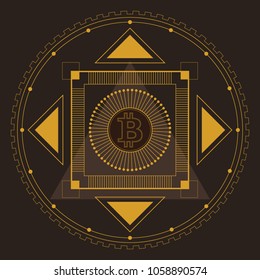 Symmetrical pattern in line-art style with a bitcoin symbol in the center, gold and dark-brown palette