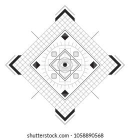 Symmetrical pattern in line-art style with the eye in the center, black and white palette
