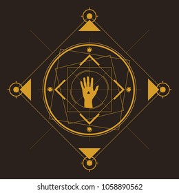 Symmetrical pattern in line-art style with a hand in the center, gold and dark-brown palette