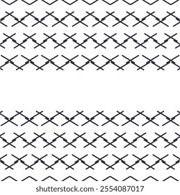 A symmetrical pattern with lines or crosses occupies the upper and lower areas. There is a void between them.