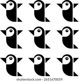 Um padrão simétrico de nove aves estilizadas em preto e branco. Os pássaros são dispostos em uma grade, criando um elemento gráfico simples e moderno para uso.