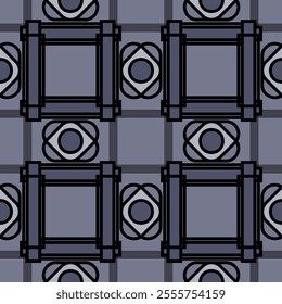 Symmetrical pattern with overlapping geometric shapes, including circles and rectangles, in a minimalist black and gray palette. Perfect for contemporary and stylish design applications