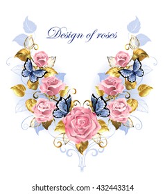 Symmetrical pattern of pink roses, blue butterfly and gold leaf on white background.