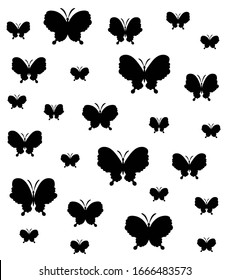 Symmetrical Pattern of Random Butterflies Black on White. Suitable for Festive and Celebratory Decoration. It Can be used for Packaging, Cards, Background. Festive Decoration with Cute Butterflies.