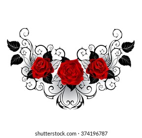 Symmetrical pattern with red roses and black spiky stalks and black leaves on white background.