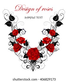 Symmetrical pattern of red roses and black leaves and stems on white background.