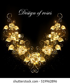 Symmetrical pattern of shiny, gold, twisted roses on black background. svg