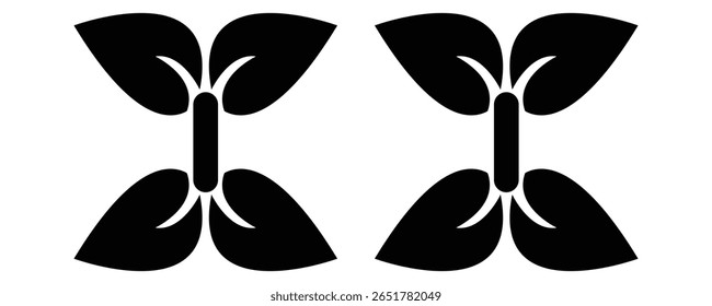 A symmetrical pattern of stylized black leaves against a white background. 
