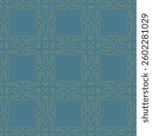 Symmetrical pattern of stylized letter-like shapes. Light gold outlines. Teal background. Seamless repeat design. Abstract typography. Decorative motifs. Intricate line work. Vintage-inspired style.