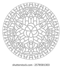 Symmetrical pattern in Tantric yoga of Buddhism and Hinduism. Contour mandala ornament for coloring and scrapbooking. A design element for the development of a color composition