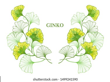 Symmetrical pattern of twigs and artistic, autumn, colorful, ginkgo biloba leaves painted with yellow and green paint on white background.