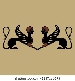 Symmetrical pattern with two Ancient Greek sphinxes. Fantastic winged cats with female heads. Ethnic vase painting style.