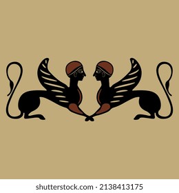 Symmetrical pattern with two Ancient Greek sphinxes. Fantastic winged cats with female heads. Ethnic vase painting style.