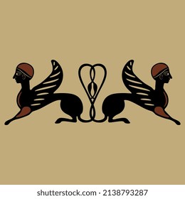 
Symmetrical pattern with two Ancient Greek sphinxes. Fantastic winged cats with female heads. Ethnic vase painting style.