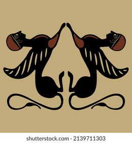 Symmetrical pattern with two Ancient Greek sphinxes. Fantastic winged cats with female heads. Ethnic vase painting style.