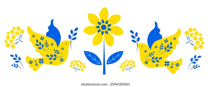 A symmetrical pattern with Ukrainian symbols. Pigeon, viburnum, sunflower. Save Ukraine