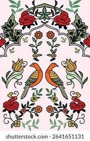 Symmetrical pattern with vibrant birds and detailed floral designs in red, green, orange, and yellow on a light pink backdrop. Reflects a rich cultural aesthetic