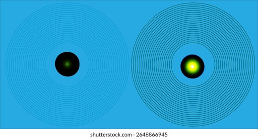 Padrões simétricos de ondas circulares em cores vibrantes contra um fundo de gradiente azul, retratando conceitos de simetria, física e arte abstrata.