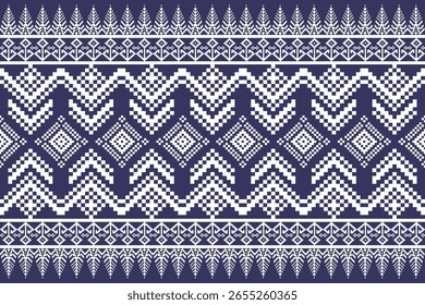 A symmetrical pixel art design featuring abstract geometric shapes like diamonds and chevrons in white against a navy blue background