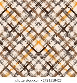 Una tela escocesa simétrica de líneas de pinceladas que se cruzan en marrón, beige, negro y naranja forma Formas de diamantes en capas con una sensación texturizada y dibujada a mano y un ritmo visual cálido